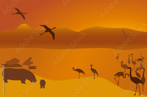 Silhouettes of hippopotamuses, a flamingo and cranes on lake