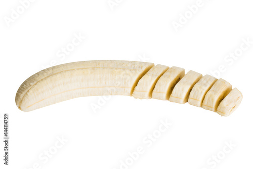 Peeled sliced banana isolated on white background