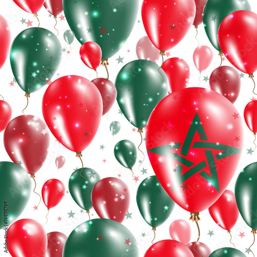 Morocco Independence Day Seamless Pattern. Flying Rubber Balloons in Colors of the Moroccan Flag. Happy Morocco Day Patriotic Card with Balloons, Stars and Sparkles.
