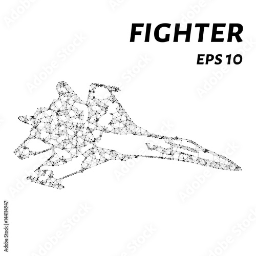 Fighter consists of points, lines and triangles. The polygon shape in the form of a silhouette of a fighter on a white background. Vector illustration