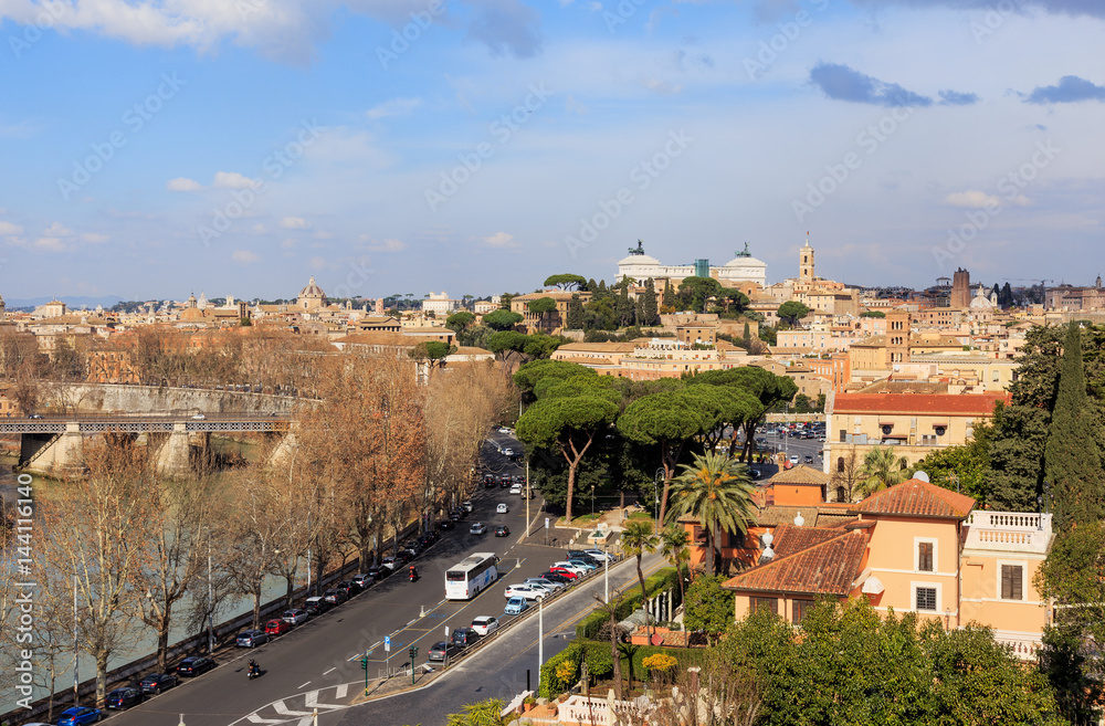 Rome. View from the Aventine hill to the Tiber River embankment and the left bank of the city