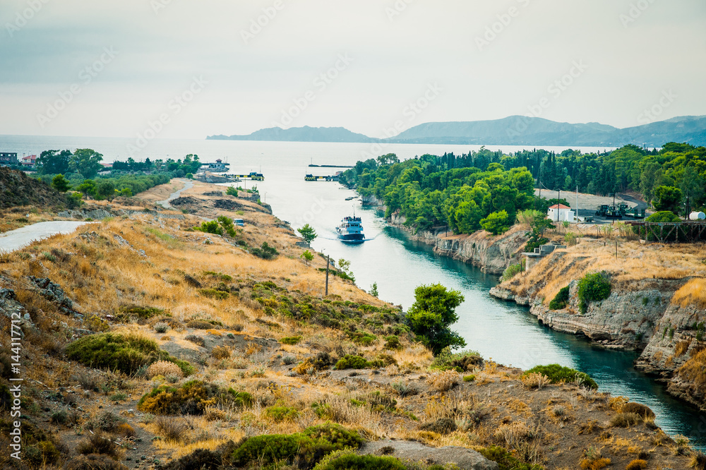 Greece, Corinth, August 2016 The Corinth Canal connects the Gulf of Corinth with the Saronic Gulf in the Aegean Sea.