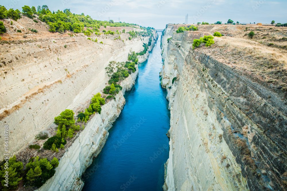 Greece, Corinth, August 2016 The Corinth Canal connects the Gulf of Corinth with the Saronic Gulf in the Aegean Sea.