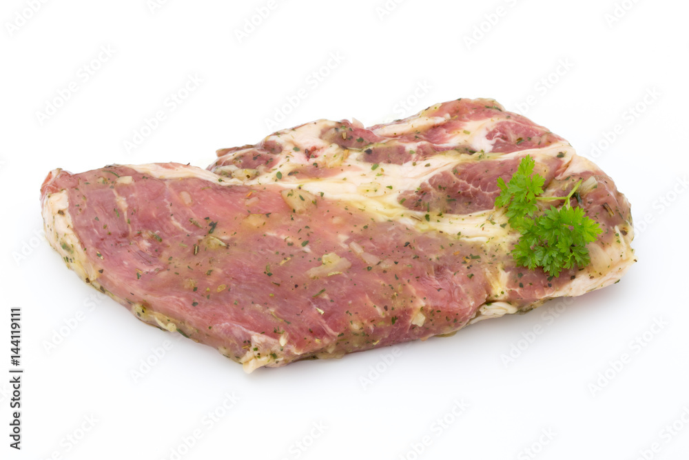 Pork chop, marinated. Isolated on the white background.