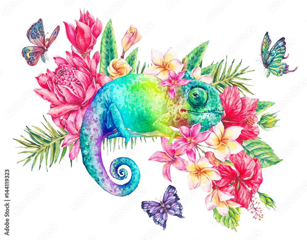 Watercolor green chameleon with butterflies, flowers