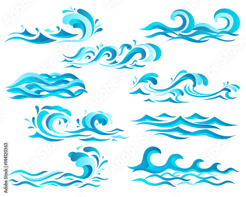 Decorative blue sea waves and surf icons with curls of powerful water stream, splashes and white foam caps. May be used in nature, marine journey or travel theme