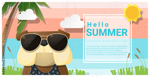 Hello summer background with dog wearing sunglasses , vector , illustration