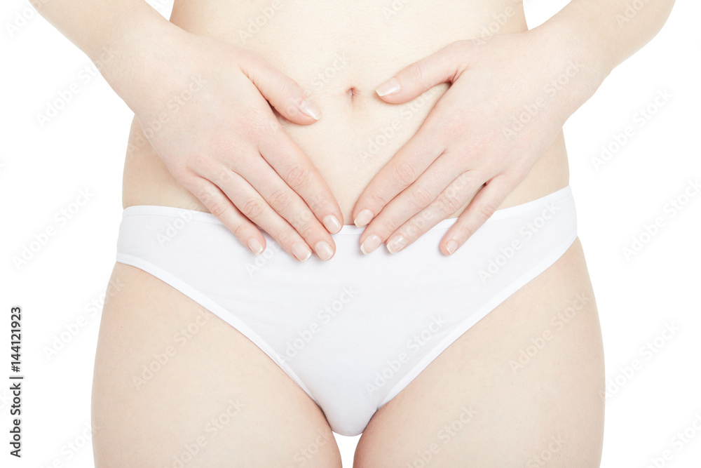 Woman regularity, hands on abdomen isolated on white, clipping path