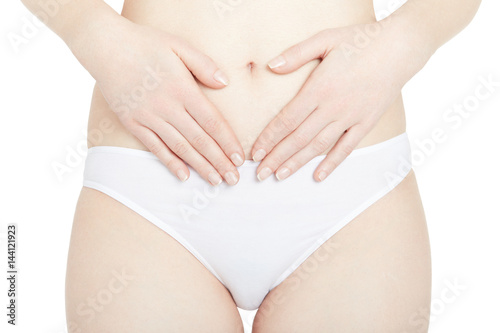 Woman regularity, hands on abdomen isolated on white, clipping path © andersphoto