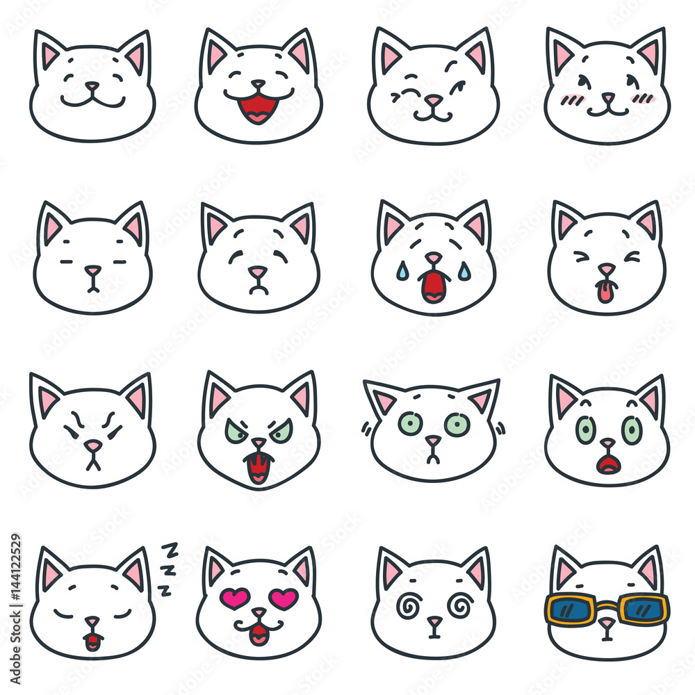 Funny white cat faces. Set of outline cat emoticon isolated on white background. Vector illustration Funny white cat faces. Set of outline cat emoticon isolated on white background. Vector illustration