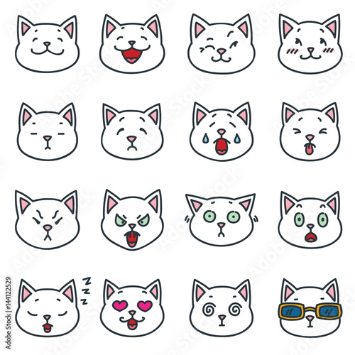Funny white cat faces. Set of outline cat emoticon isolated on white background. Vector illustration