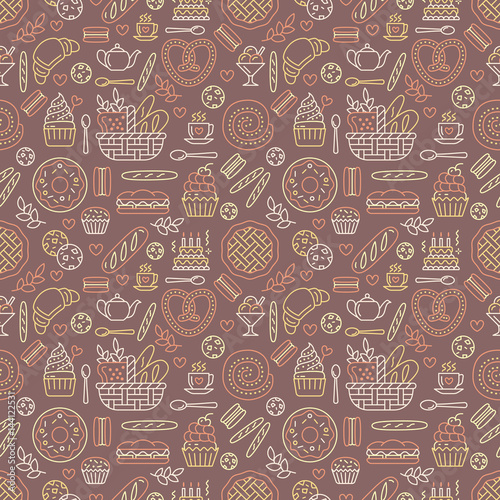 Bakery seamless pattern, food vector background of brown, yellow color. Confectionery products thin line icons - cake, croissant, muffin, pastry, cupcake, pie. Cute repeated illustration for sweet