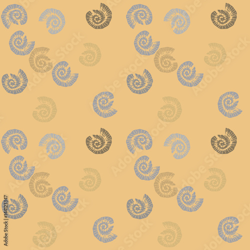 Decorative pattern of snails shells, freshwater river pearl mussel, mollusca on yellow background