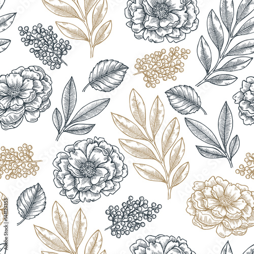 Floral seamless pattern. Linear sketchy style flower elements. 