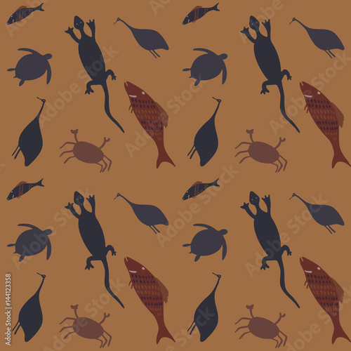Decorative Australian African animals pattern fishes, turtles, lizards, ostriches, crabs on yellow ornamental abstract seamless background