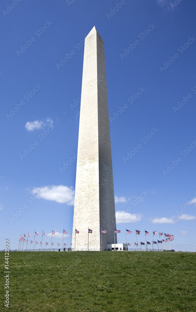 The Washington Monument surrounded by flags against blue sky. Vertical.