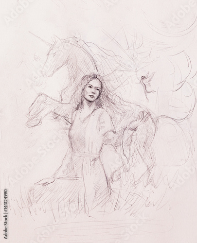 sketch of courageous young woman with unicorn and litle fairy on white paper background.