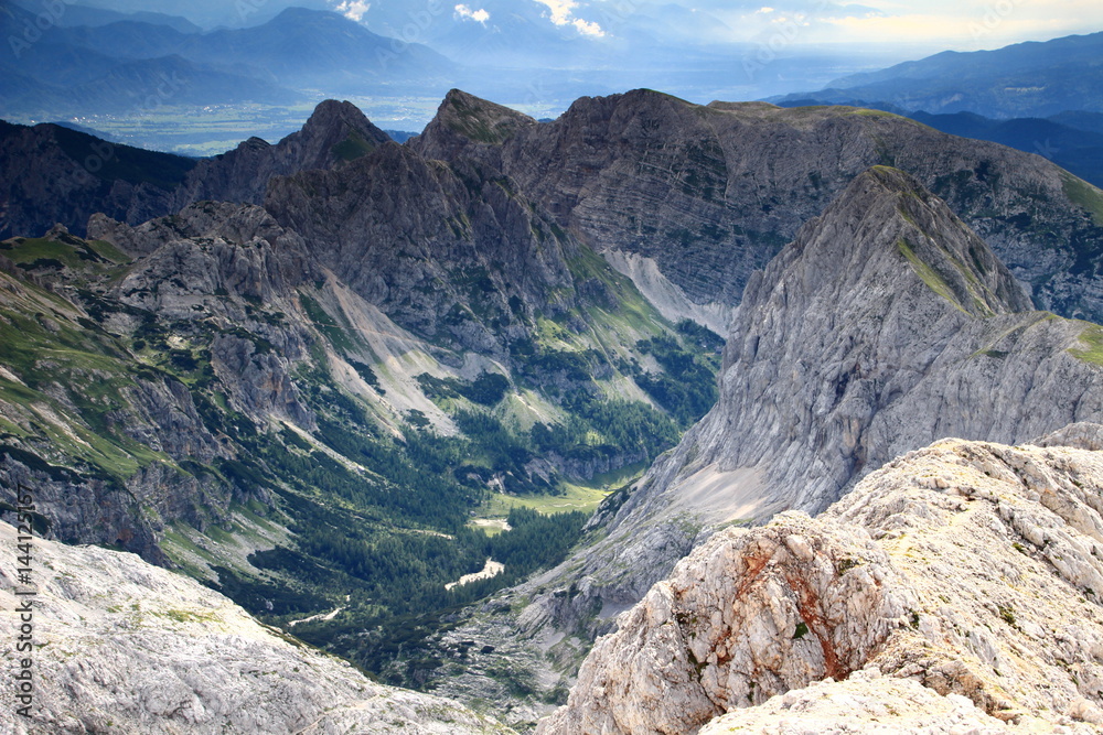 Route to Triglav: the Velo polje and Velska dolina valleys with peaks surround Vodnikov hut: Mali Draski, Veliki Draski vrh, Vernar, Tosc, Miselj vrh (Julian Alps, Triglav National Park, Slovenia)
