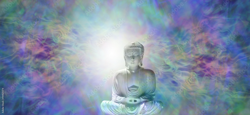 Pure Enlightenment Buddha Banner - Buddha in meditative lotus position with white light behind head on a beautiful multicolored energy field background  and plenty of copy space 