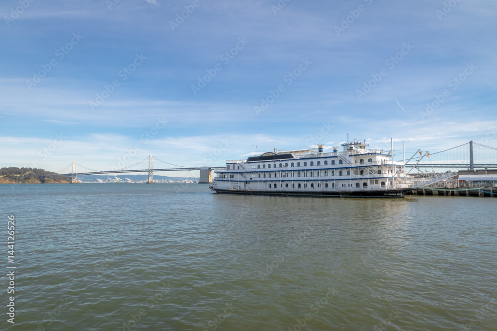 San Francisco Bay Bridge and boat - San Francisco, California, USA