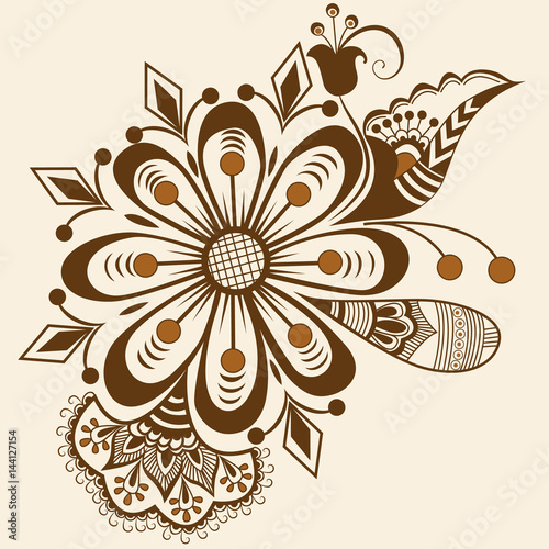Vector illustration of mehndi ornament. Traditional indian style, ornamental floral elements for henna tattoo, stickers, mehndi and yoga design, cards and prints. Abstract floral vector illustration.