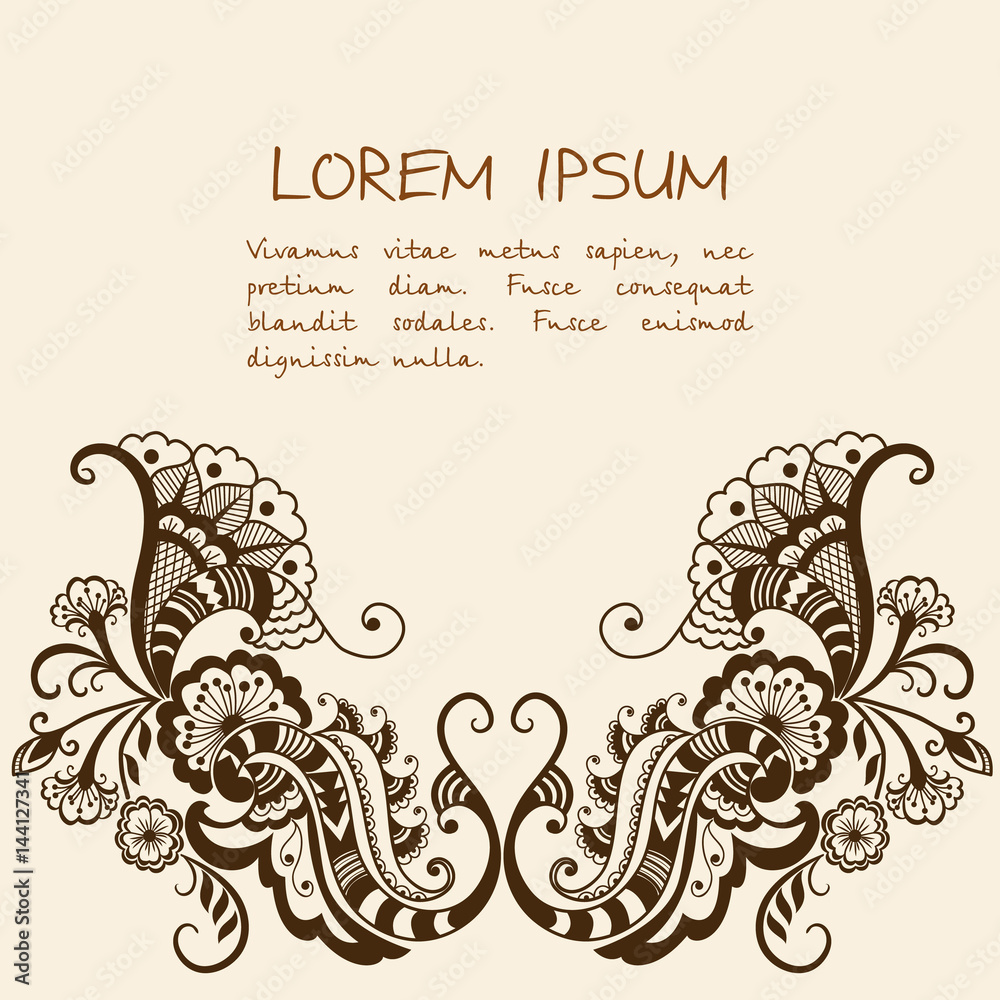 Vector illustration of mehndi ornament. Traditional indian style, ornamental floral elements for henna tattoo, stickers, mehndi and yoga design, cards and prints. Abstract floral vector illustration. Vector illustration of mehndi ornament. Traditional indian style, ornamental floral elements for henna tattoo, stickers, mehndi and yoga design, cards and prints. Abstract floral vector illustration.