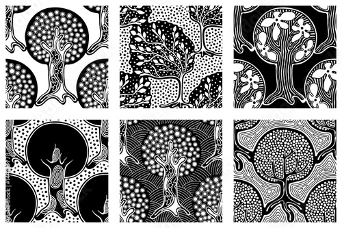 Set of seamless patterns, vector hand drawn repeating illustration, decorative ornamental stylized endless trees. Black and white abstract seamles graphic illustration Artistic line drawing silhouette