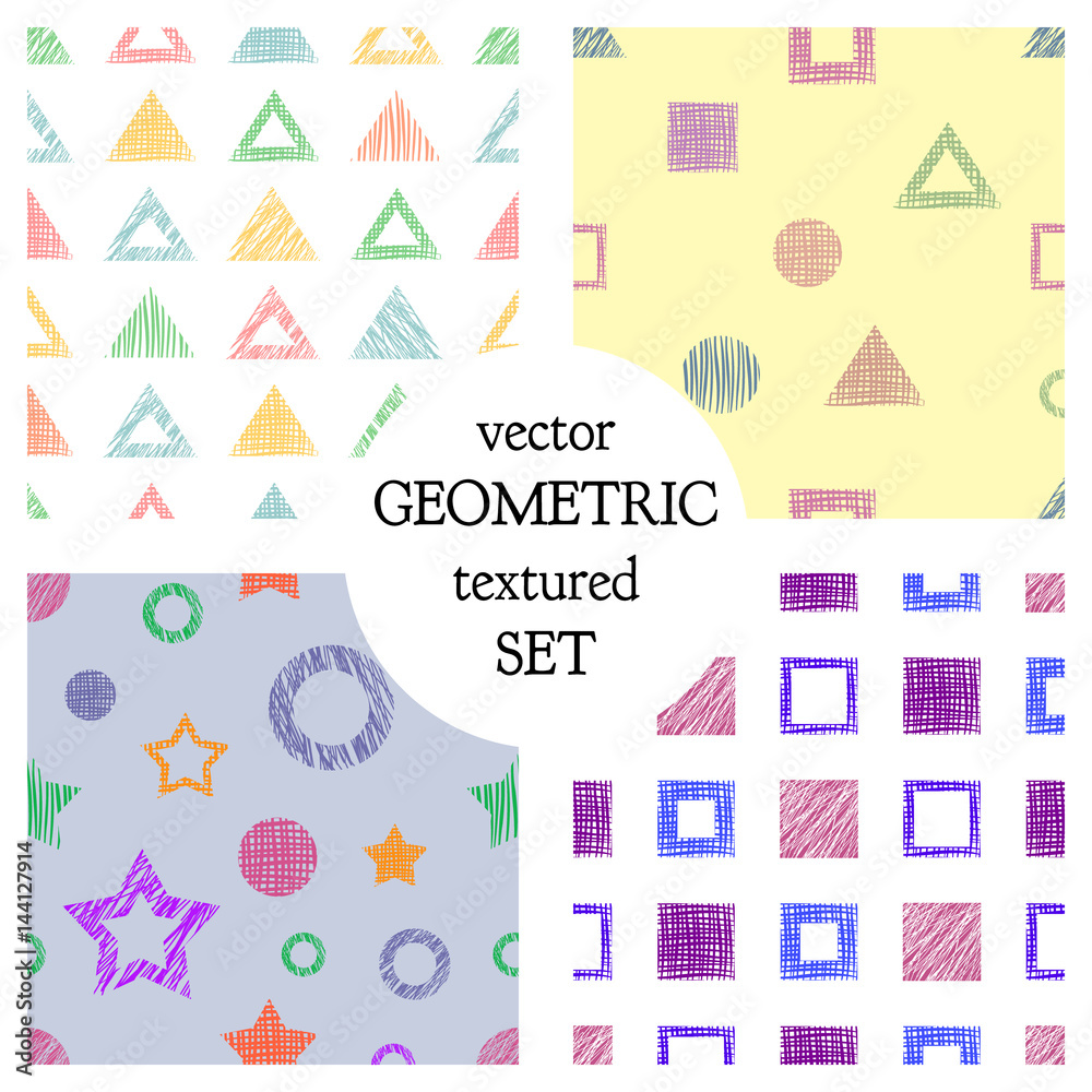 Set of seamless vector geometrical patterns with different geometric figures, forms. pastel endless background with hand drawn textured geometric figures. Graphic vector illustration