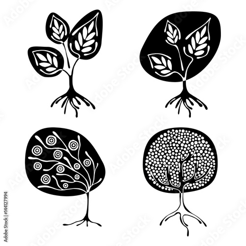 Vector set of hand drawn illustration, decorative ornamental stylized tree. Black and white graphic illustration isolated on the white background. Inc drawing silhouette.