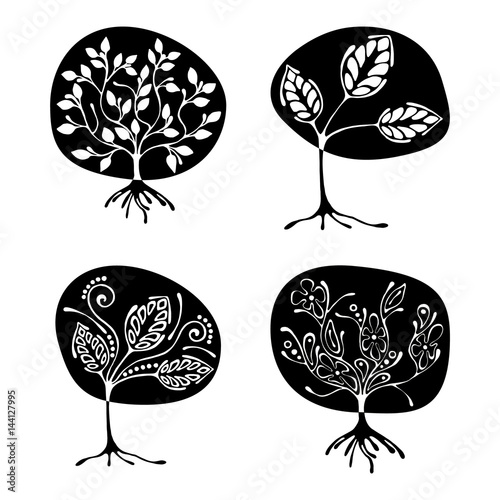 Vector set of hand drawn illustration, decorative ornamental stylized tree. Black and white graphic illustration isolated on the white background. Inc drawing silhouette.