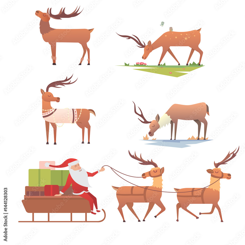 Naklejka premium Christmas reindeer holiday mammal deer xmas celebration cute decoration winter art new year wildlife animal and santa man character vector illustration.