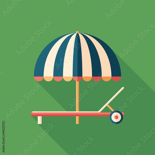 Parasol and sunbed flat square icon with long shadows.
