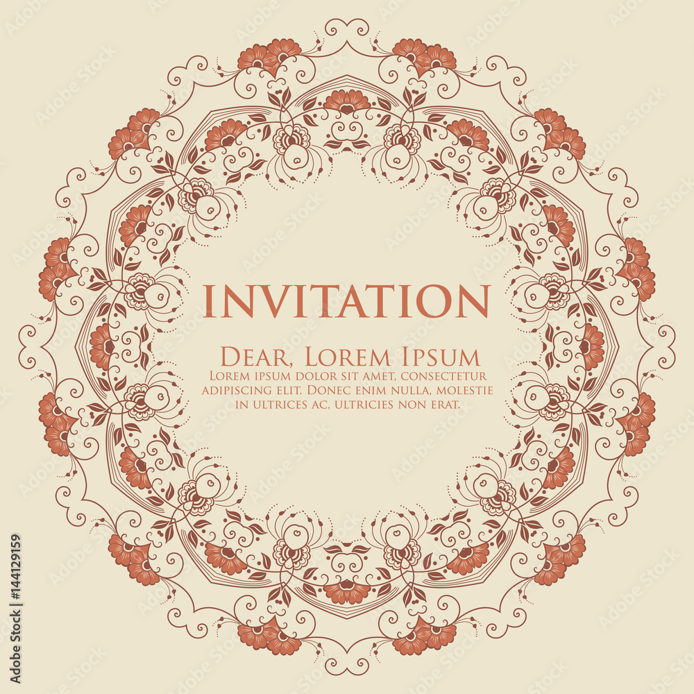 Wedding invitation and announcement card with ornamental round lace with arabesque elements. Mehndi style. Orient traditional ornament. Zentangle-like round colored floral ornament.