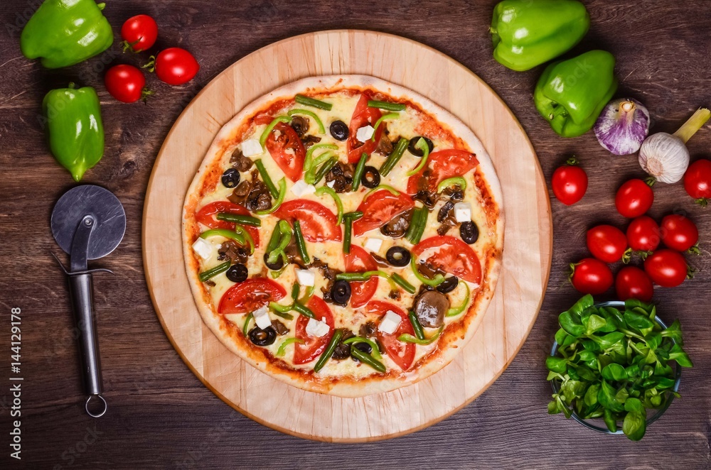 Thin pizza with vegetables. Vegetarian pizza