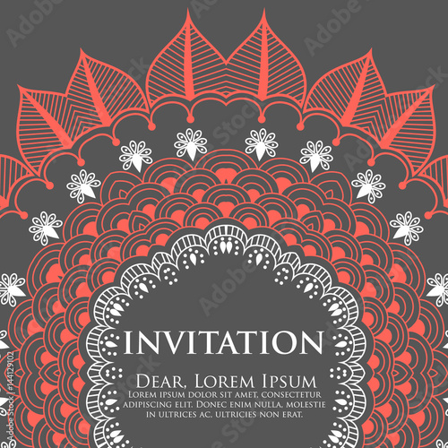 Wedding invitation and announcement card with ornamental round lace with arabesque elements. Mehndi style. Orient traditional ornament. Zentangle-like round colored floral ornament.