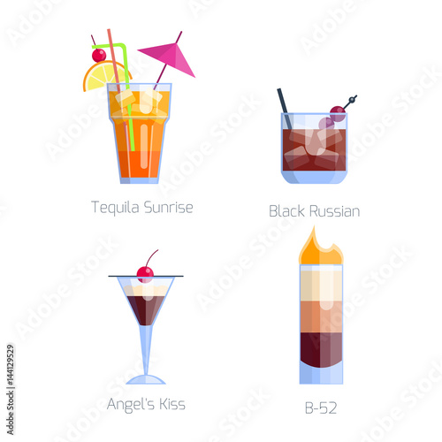 Set of alcoholic cocktails isolated fruit cold drinks tropical cosmopolitan freshness collection and party alcohol sweet tequila vector illustration.