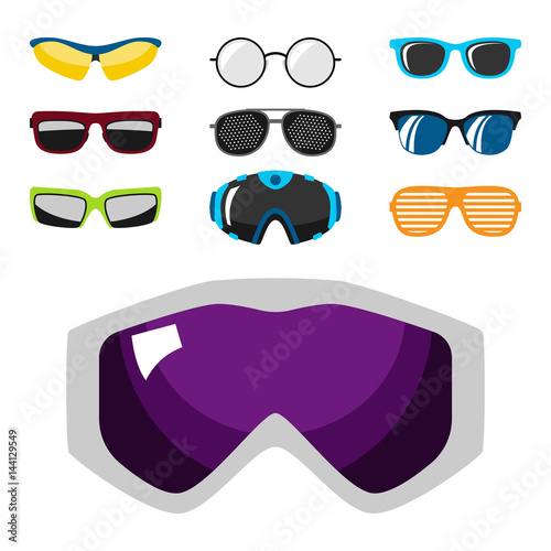 Fashion set sunglasses accessory sun spectacles plastic frame modern eyeglasses vector illustration.