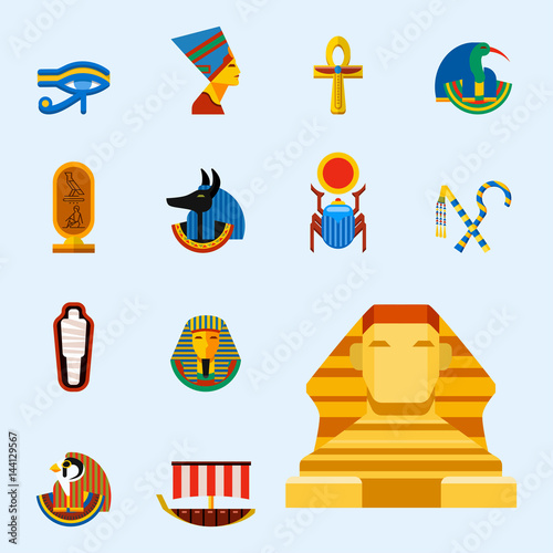 Set of vector flat design egypt travel icons culture ancient elements illustration.