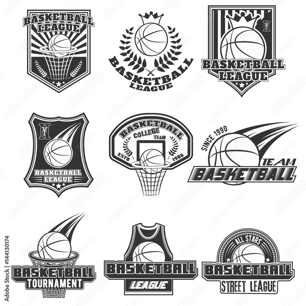 Vector monochrome set basketball logos for print, web, design ...