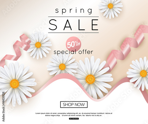 Vector spring sale banner with realistic daisy flowers for online shopping, web design, poster