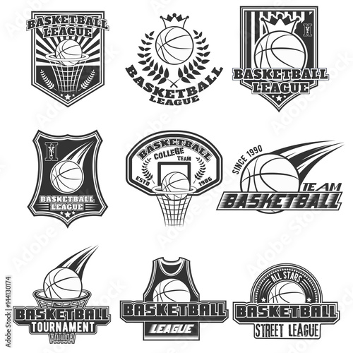 Vector monochrome set basketball logos for print, web, design, advertisement, sports team on a white background