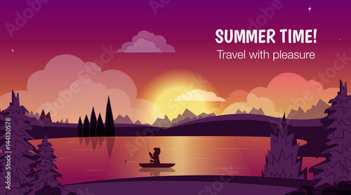 Poster Summer time! Man catches fish from a boat with rod on forest lake at sunset