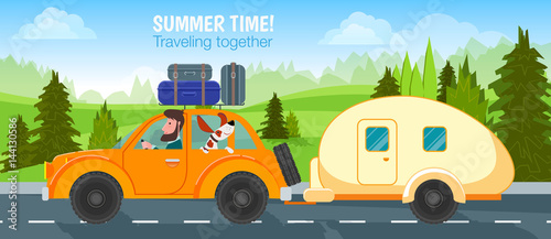 Poster Summer time! Man and his dog are driving with a trailer on a forest road
