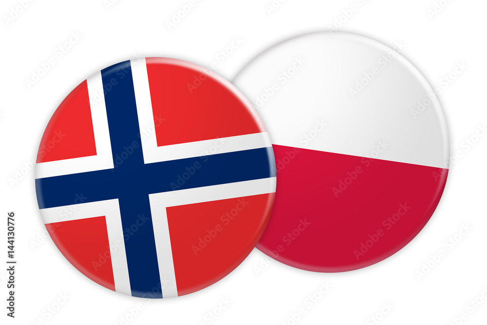 Obraz premium News Concept: Norway Flag Button On Poland Flag Button, 3d illustration on white background