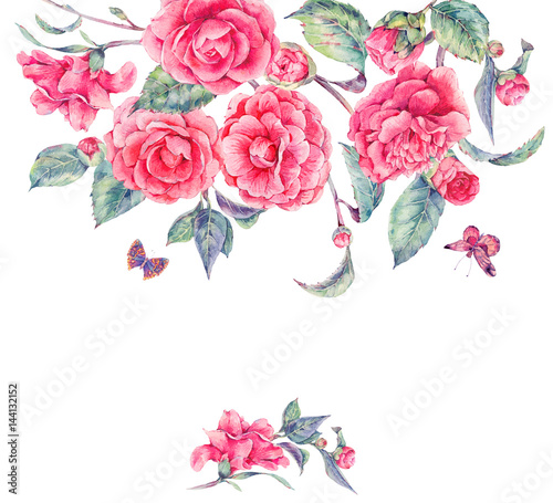 Fototapeta Naklejka Na Ścianę i Meble -  Vintage watercolor garden flowers with pink camellia
