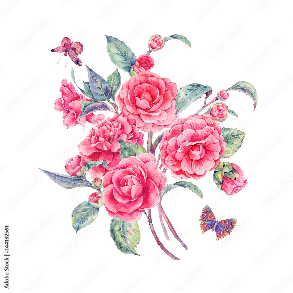 Vintage watercolor garden flowers with pink camellia