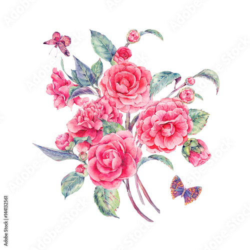 Fototapeta Naklejka Na Ścianę i Meble -  Vintage watercolor garden flowers with pink camellia
