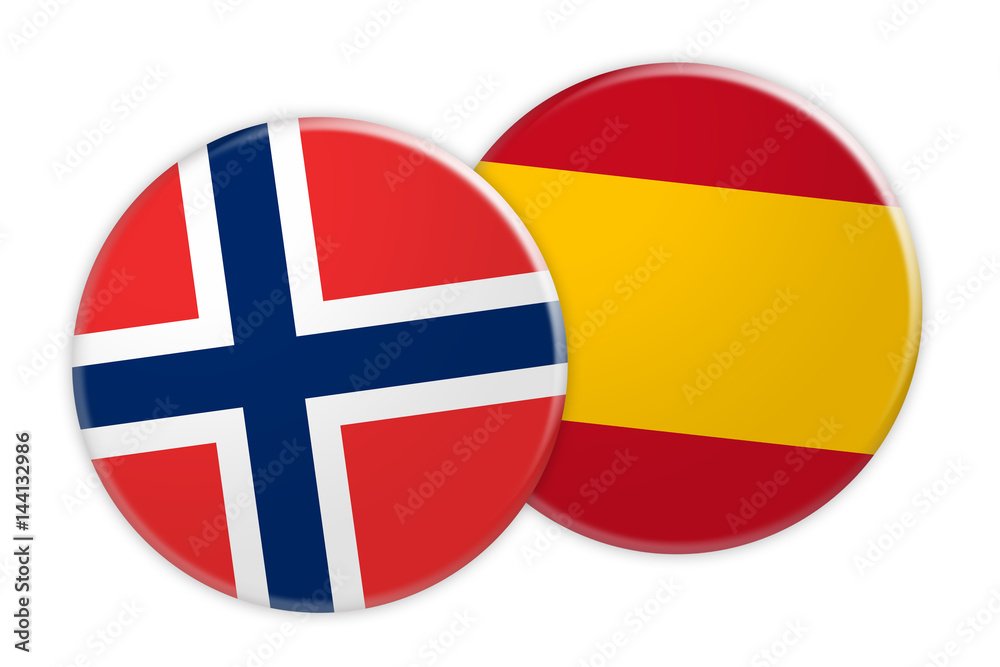Obraz premium News Concept: Norway Flag Button On Spain Flag Button, 3d illustration on white background