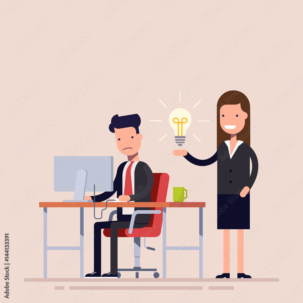 Employee helps with the idea of a colleague being in despair. Help in a difficult situation. Workflow in the office. Businesswoman and businessman in business suits.