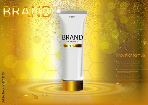 eps 10 vector advertising poster of revolutionary formula hand or face cream with honeycombs on golden background with bokeh effect. Realistic brand cosmetic tube package, cosmetic web, print banner